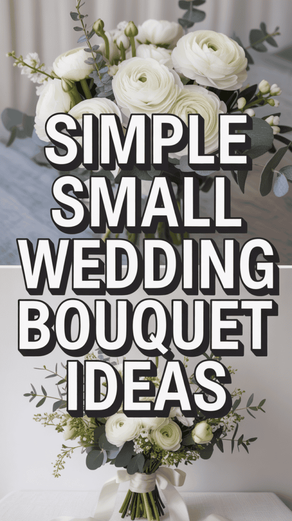 White flower bouquets with greenery and text saying "Simple Small Wedding Bouquet Ideas."