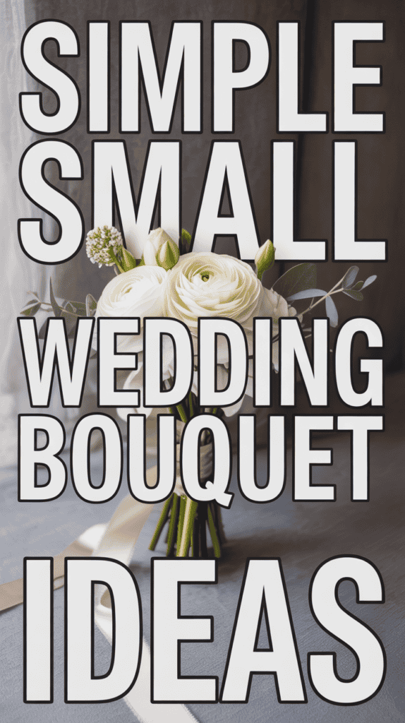 A small wedding bouquet of white roses with text overlay saying "Simple Small Wedding Bouquet Ideas."
