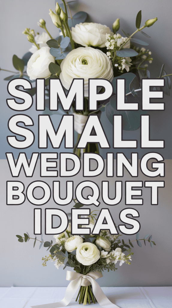 A floral wedding bouquet of white roses and greenery with text overlay: "Simple Small Wedding Bouquet Ideas."