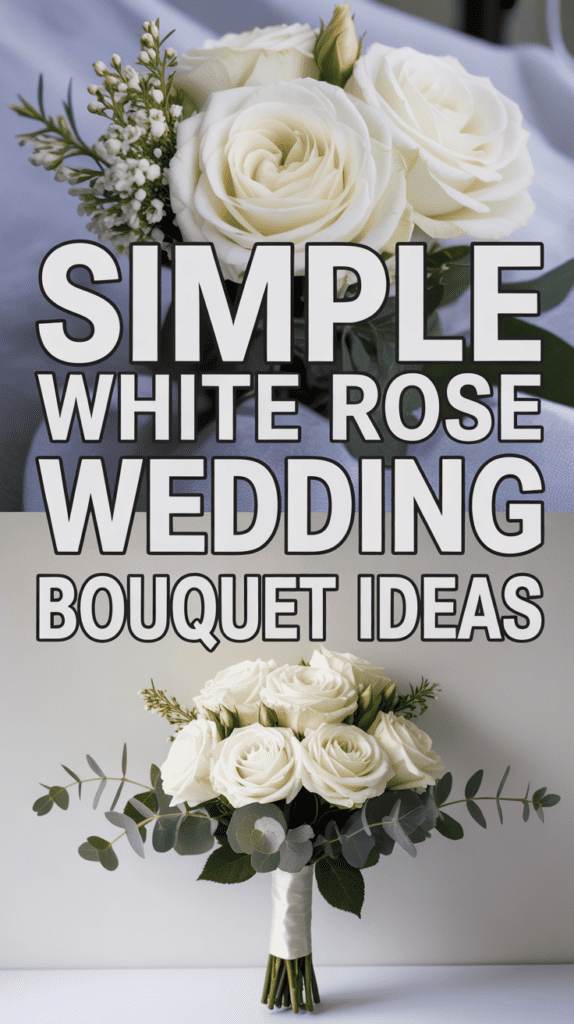 Two white rose bouquets with greenery and text: "Simple White Rose Wedding Bouquet Ideas."