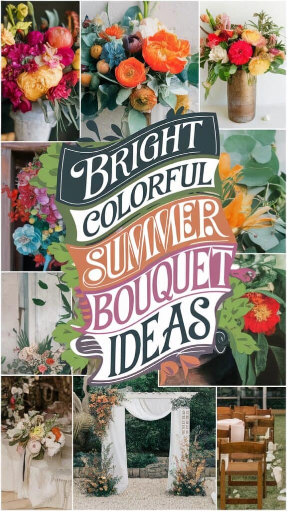 A collage of vibrant summer bouquets and flowers, surrounding the text "Bright Colorful Summer Bouquet Ideas."