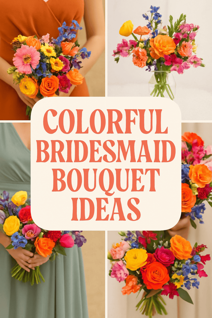 Collage of colorful bridesmaid bouquets with a central text saying "Colorful Bridesmaid Bouquet Ideas."