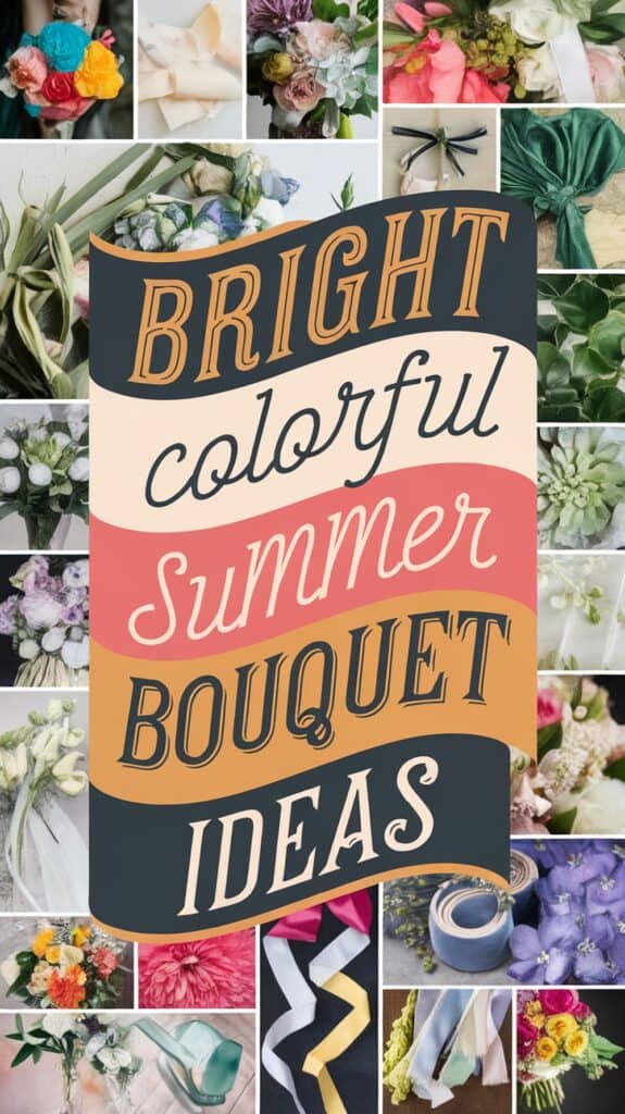 Collage of colorful flowers with the text "Bright Colorful Summer Bouquet Ideas" in stylized lettering.