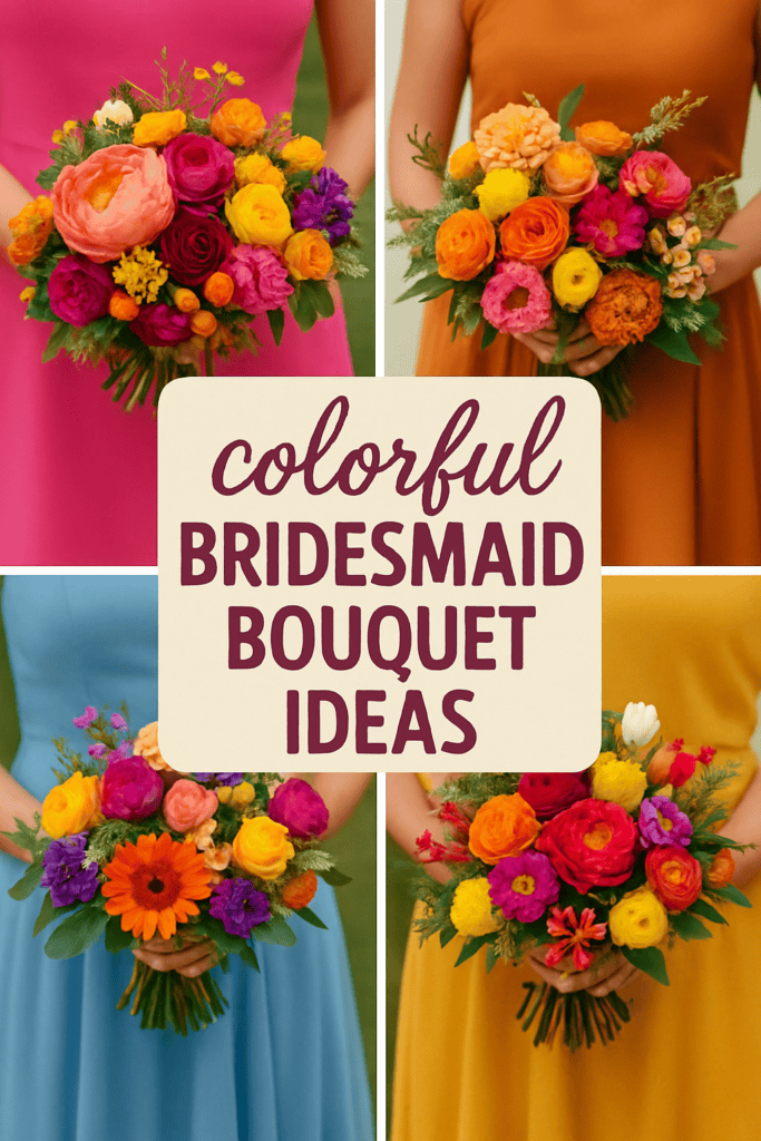 Four bridesmaids hold vibrant bouquets with text "Colorful Bridesmaid Bouquet Ideas" in the center.