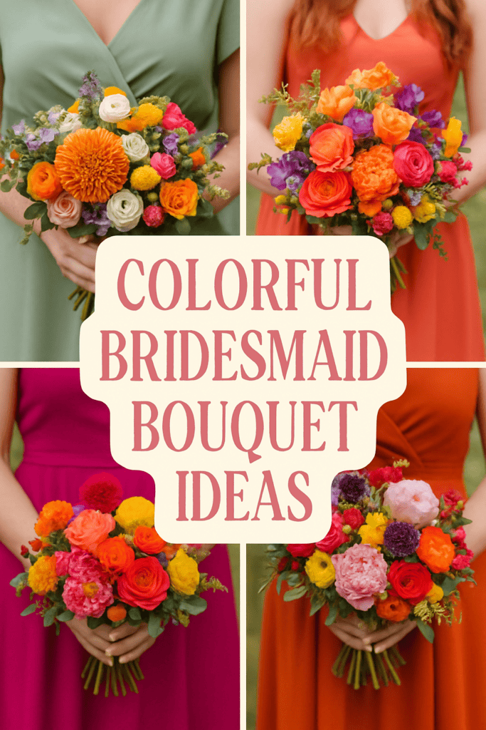 Four bridesmaids holding vibrant, colorful bouquets with a variety of flowers, with text reading "Colorful Bridesmaid Bouquet Ideas."