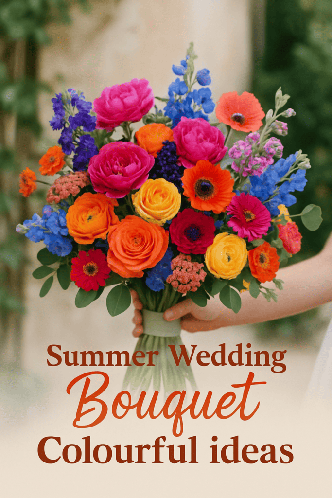A vibrant summer wedding bouquet with colorful flowers, including pink, orange, yellow, and blue blooms; text reads "Summer Wedding Bouquet Colourful ideas."