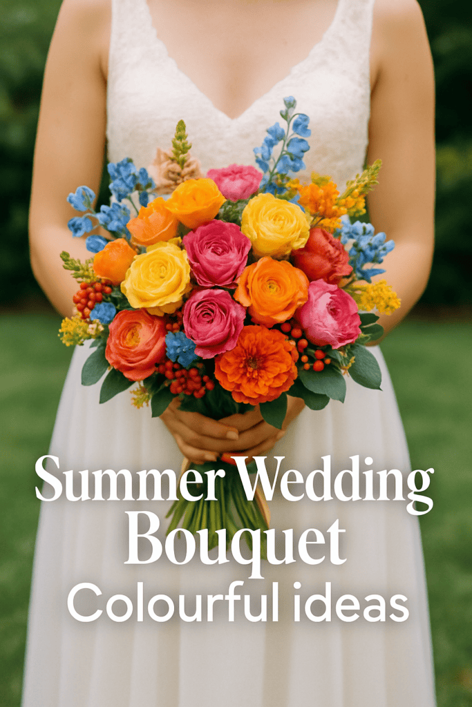 A person holding a vibrant bouquet of red, yellow, pink, and orange flowers with text "Summer Wedding Bouquet, Colourful Ideas."