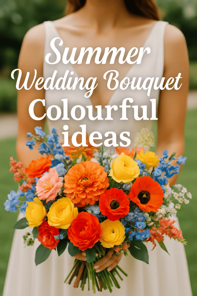 A person holding a vibrant bouquet with orange, yellow, and blue flowers; text reads "Summer Wedding Bouquet Colourful ideas."