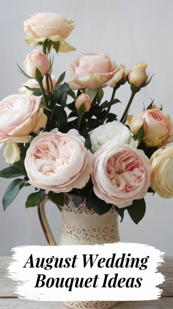 A floral arrangement featuring pink and white roses in a decorative vase, with the text "August Wedding Bouquet Ideas."