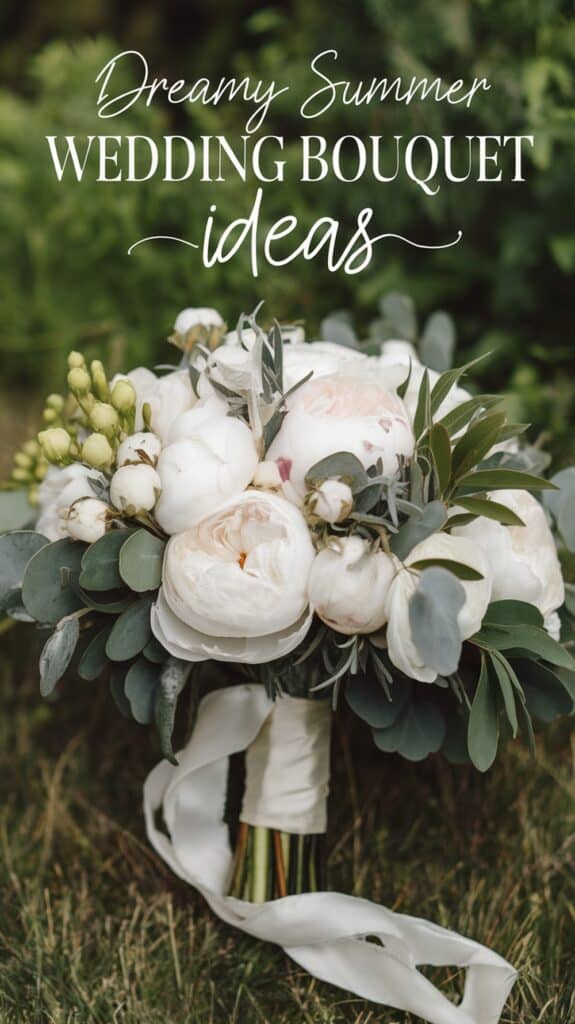 A white and green wedding bouquet with lush peonies and leafy foliage, accompanied by the text "Dreamy Summer Wedding Bouquet Ideas."