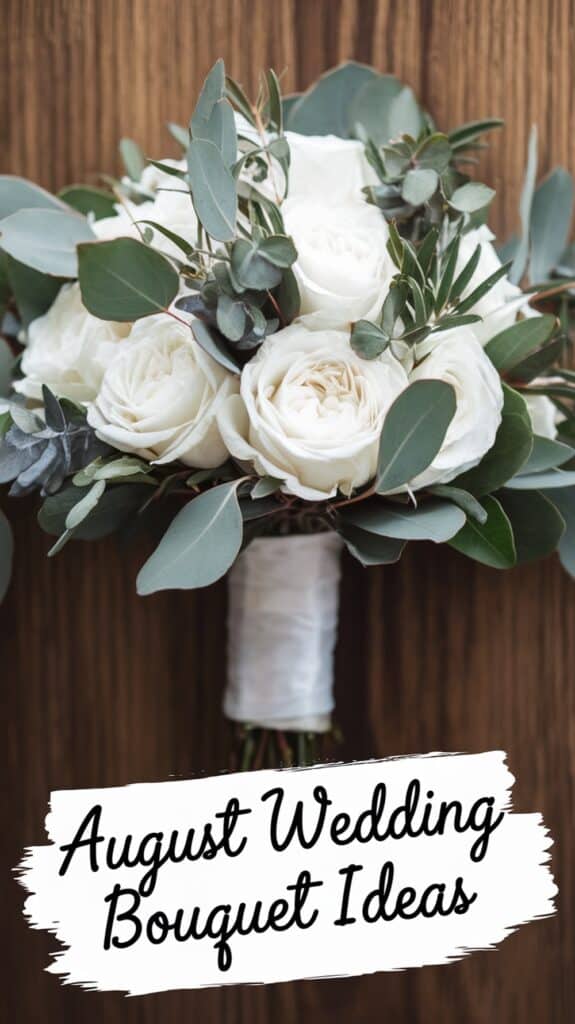 A bouquet of white roses and green foliage with text: "August Wedding Bouquet Ideas."