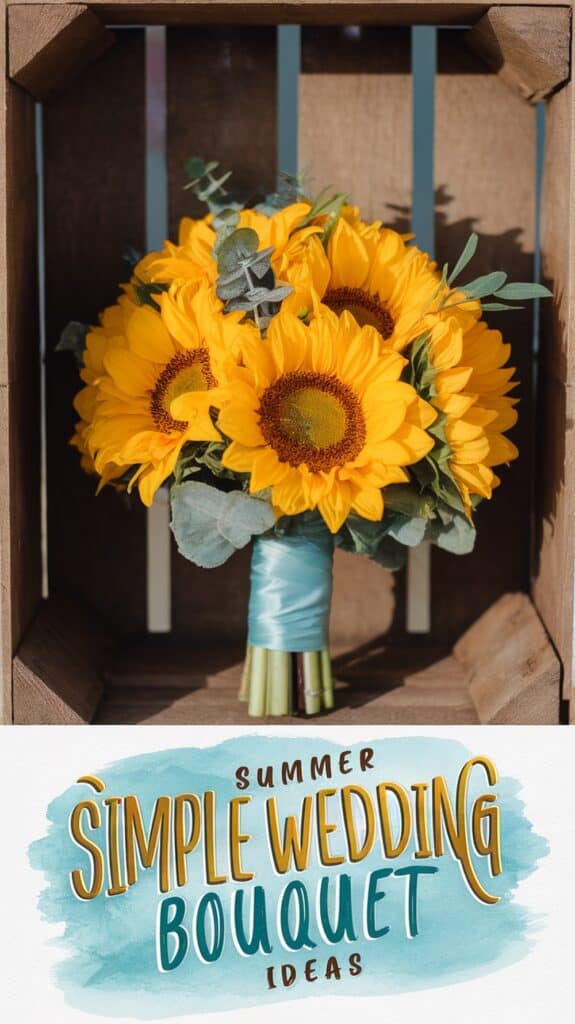 A bouquet of sunflowers wrapped in blue ribbon sits in a wooden box, above the text "Summer Simple Wedding Bouquet Ideas."