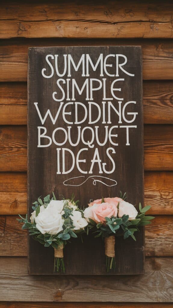 Wooden sign with text "Summer Simple Wedding Bouquet Ideas" above two floral bouquets featuring white and pink roses.