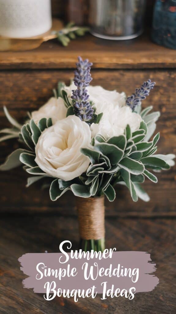 A bouquet of white flowers and lavender, wrapped with twine, displayed on a wooden surface with text about summer wedding bouquet ideas.