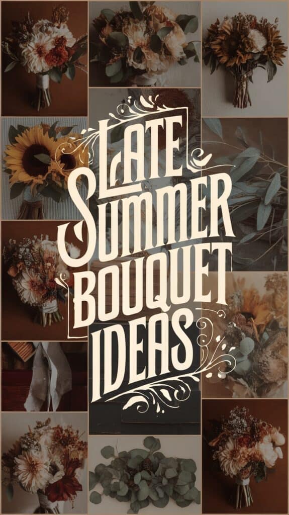 Collage of late summer bouquets with sunflowers and text "Late Summer Bouquet Ideas."