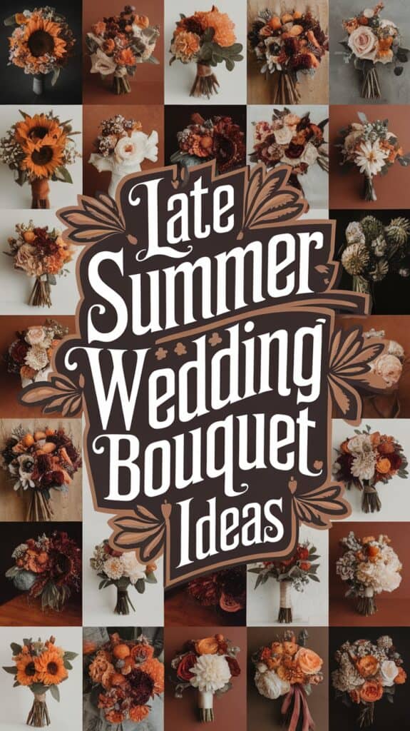 Collage of various wedding bouquets featuring late summer flowers in warm tones, with text "Late Summer Wedding Bouquet Ideas."