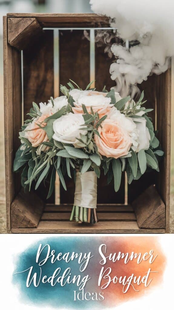 A bouquet of peach and white roses with greenery, set in a wooden crate, accompanied by text reading "Dreamy Summer Wedding Bouquet Ideas."