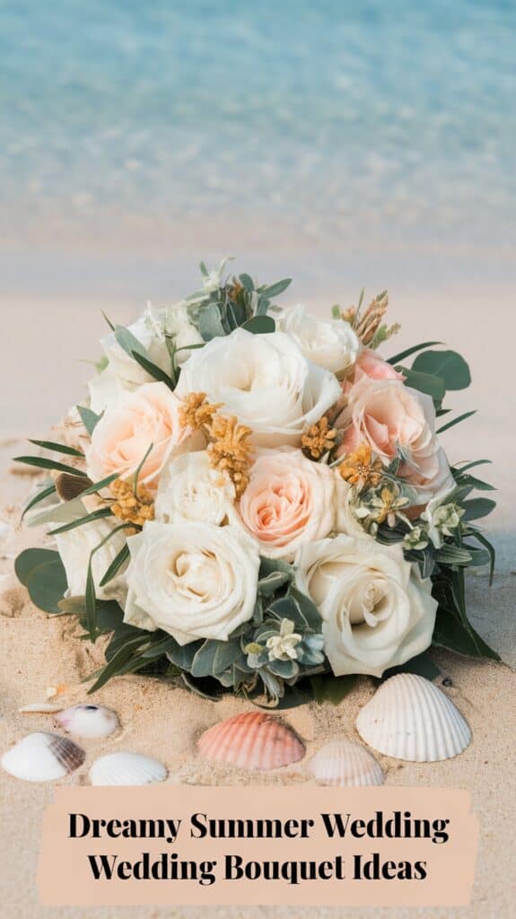 A wedding bouquet with white and peach roses placed on sandy beach, surrounded by seashells.