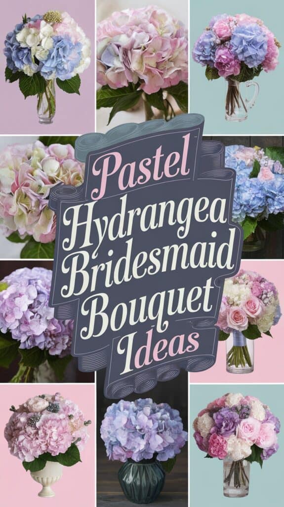 Collage of various pastel-colored hydrangea bouquets with the text "Pastel Hydrangea Bridesmaid Bouquet Ideas" in the center.