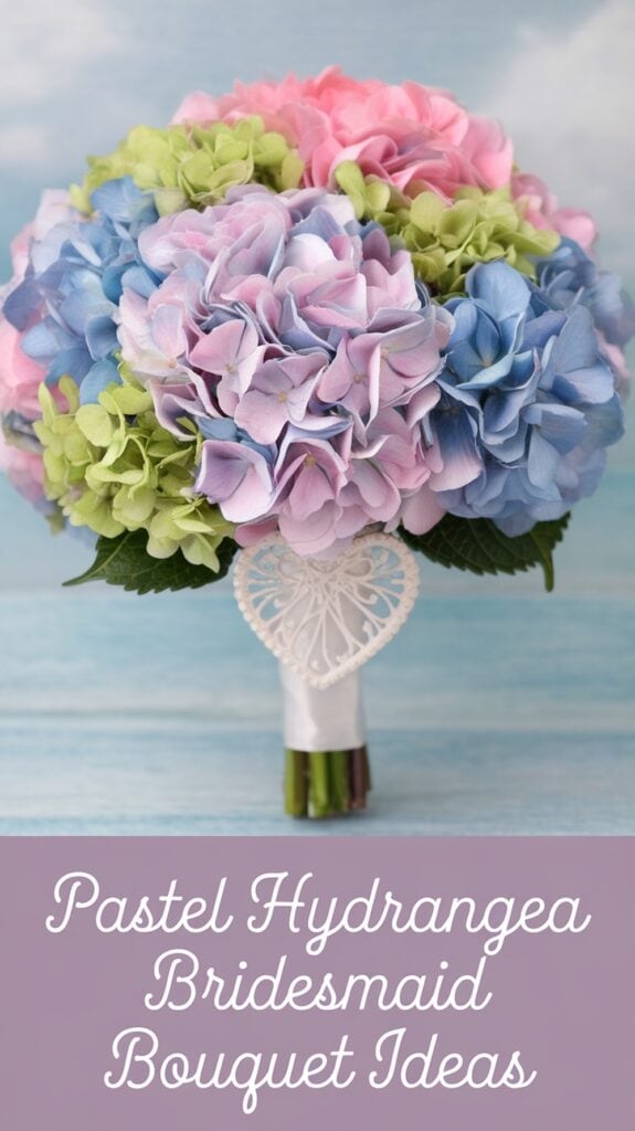A bouquet of pastel hydrangeas in pink, blue, and green with a lace detail, against a sky background.