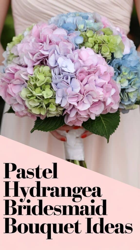 A bride holding a bouquet of pastel hydrangeas in pink, purple, blue, and green with bold text reading "Pastel Hydrangea Bridesmaid Bouquet Ideas."