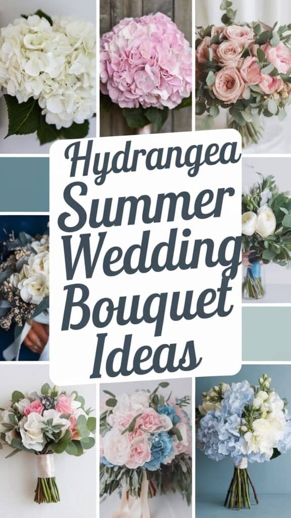 Collage of various hydrangea wedding bouquets in different colors, with text "Hydrangea Summer Wedding Bouquet Ideas."