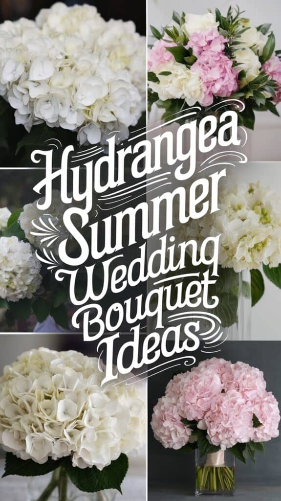 Collage of five hydrangea bouquets with "Hydrangea Summer Wedding Bouquet Ideas" text in the center.