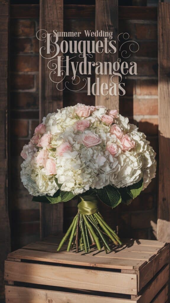 A bouquet of white hydrangeas and pink roses rests on a wooden crate with decorative text about summer wedding bouquets.