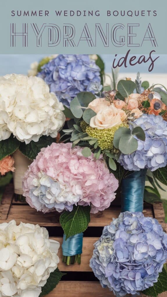Assorted hydrangea wedding bouquets in pastel colors on a wooden crate with text about summer wedding bouquet ideas.