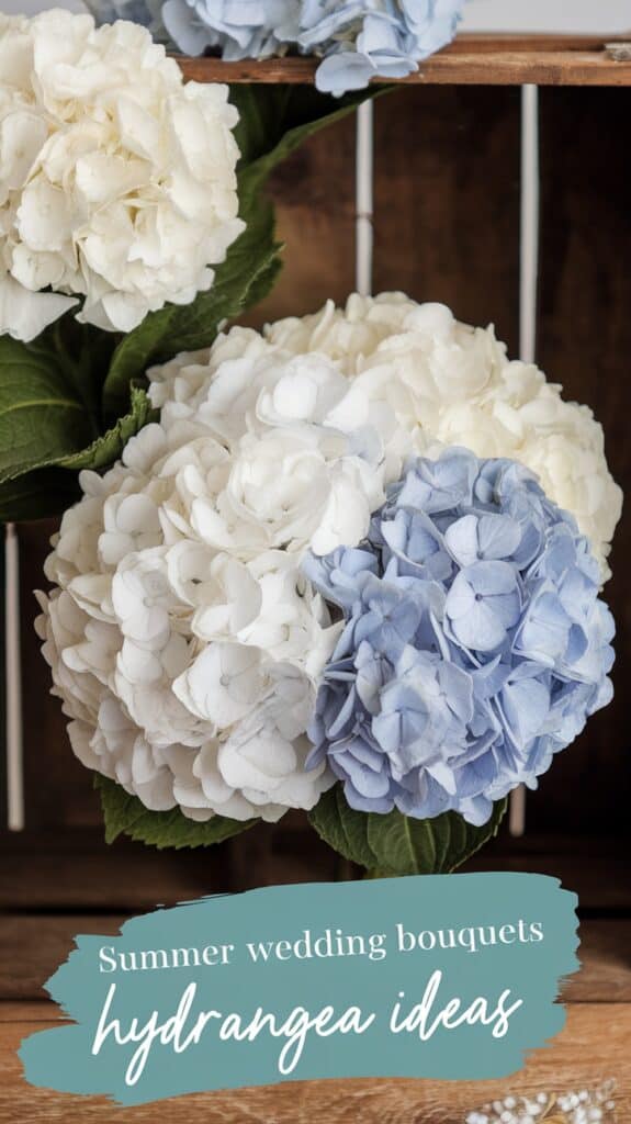 White and blue hydrangea bouquet with text: "Summer wedding bouquets, hydrangea ideas."