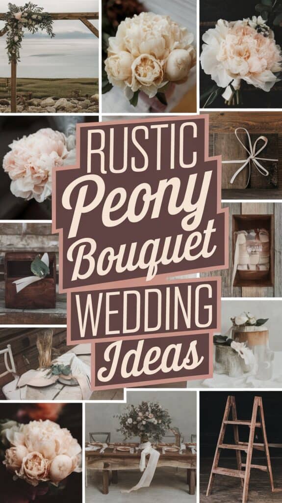 Collage of rustic wedding ideas featuring peony bouquets, wooden decor, and soft, neutral colors.