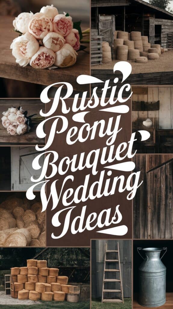 Collage featuring a peony bouquet, hay bales, a ladder, a milk can, and rustic wooden textures with the text "Rustic Peony Bouquet Wedding Ideas."