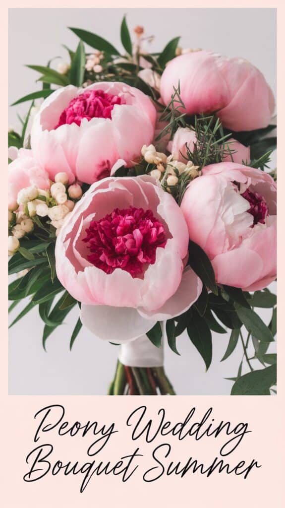 A bouquet of pink and white peonies with greenery and small white flowers, accompanied by the text "Peony Wedding Bouquet Summer."