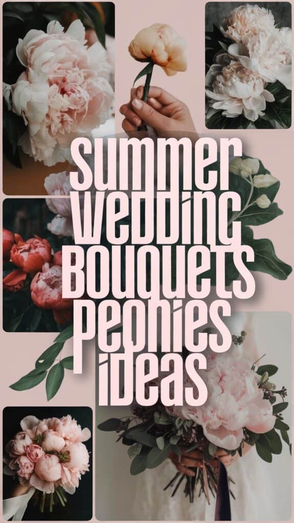 Collage of various peony flower arrangements with the text "Summer Wedding Bouquets Peonies Ideas" in large letters.