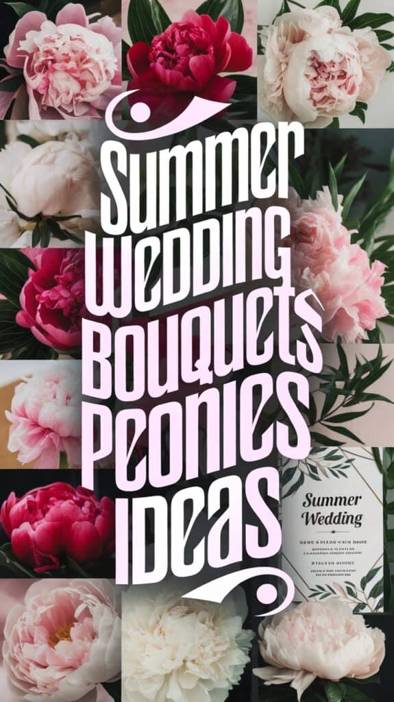 Collage of vibrant peonies with text reading "Summer Wedding Bouquets Peonies Ideas" in the center.