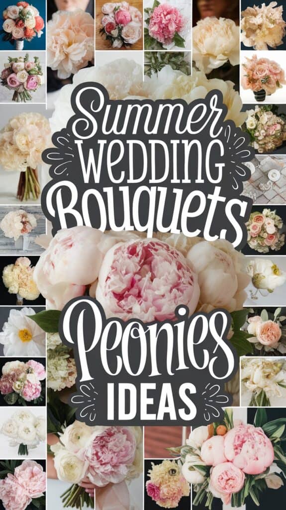 Collage of peony bouquets with the text "Summer Wedding Bouquets Peonies Ideas" in the center.