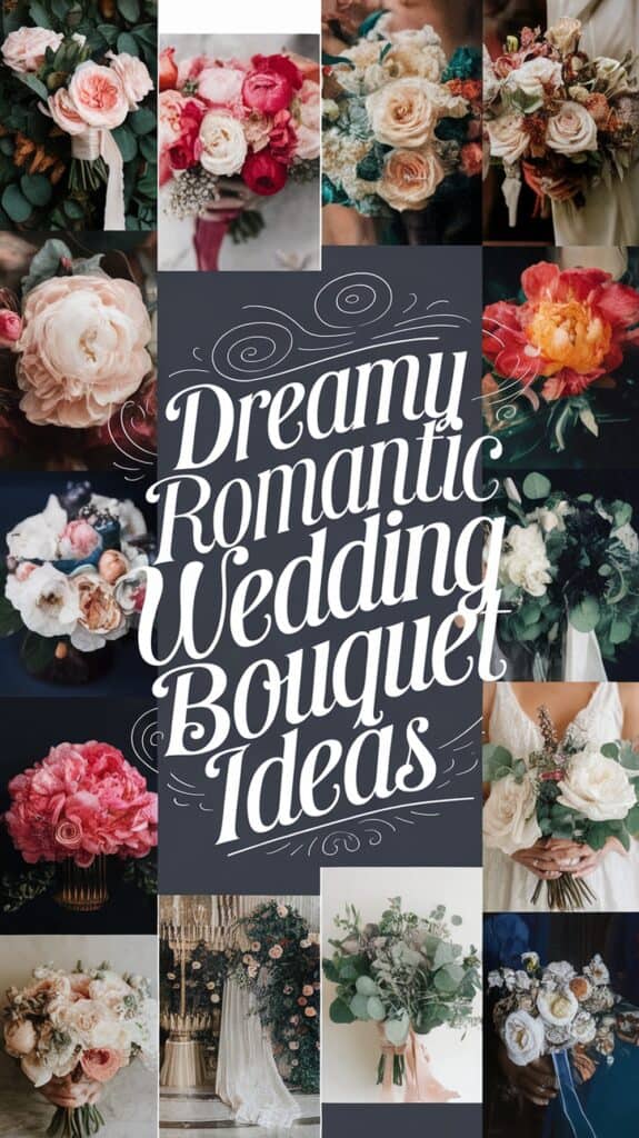 A collage of various flower bouquets surrounding text saying "Dreamy Romantic Wedding Bouquet Ideas."