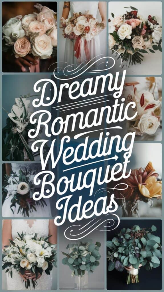 A collage of various wedding bouquets with roses, peonies, and eucalyptus, overlaid with the text "Dreamy Romantic Wedding Bouquet Ideas."