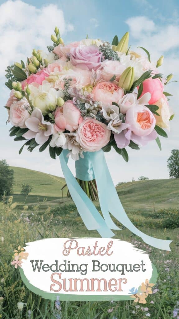 A pastel wedding bouquet with roses and lilies against a scenic landscape, featuring the text "Pastel Wedding Bouquet Summer."