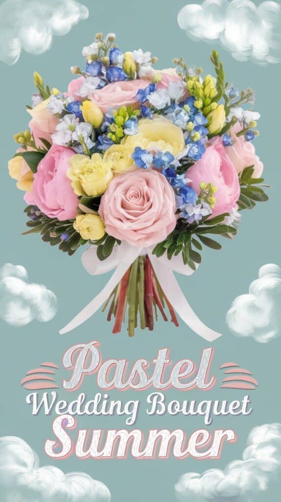 A bouquet of pastel roses and mixed flowers on a cloudy background with text reading, "Pastel Wedding Bouquet Summer."