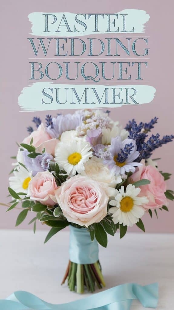 A pastel-colored wedding bouquet with pink roses, white daisies, purple flowers, and lavender wrapped with blue ribbon.