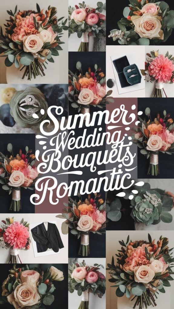 Collage of floral bouquets and a ring, with the text "Summer Wedding Bouquets Romantic" in cursive.