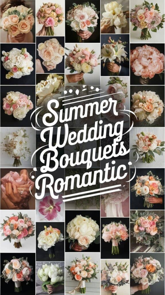 Collage of romantic summer wedding bouquets and the text "Summer Wedding Bouquets Romantic" in the center.