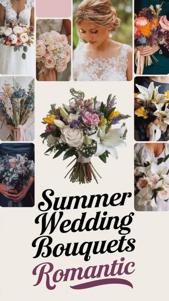 Collage of various romantic summer wedding bouquets with a central arrangement surrounded by smaller floral images.