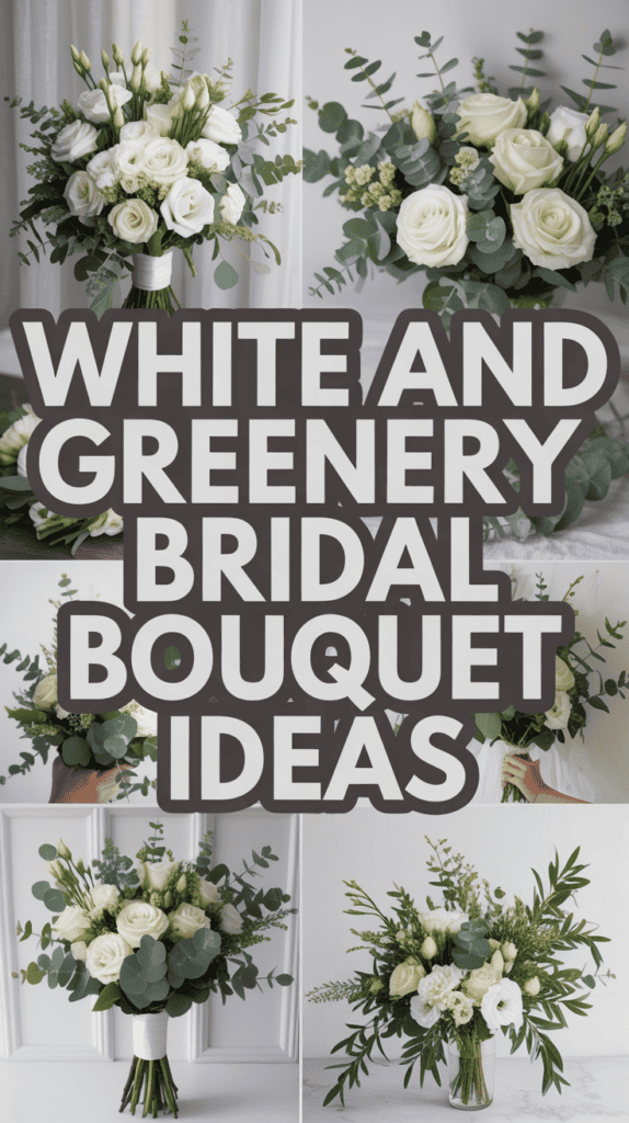 Collage of white and green floral bridal bouquets with roses and eucalyptus, featuring text "White and Greenery Bridal Bouquet Ideas."