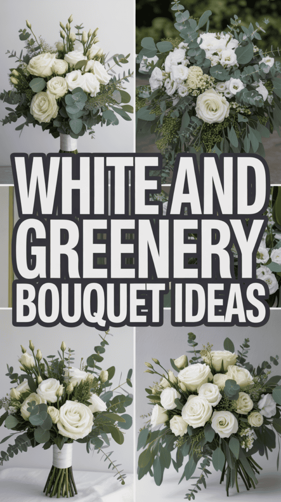 Collage of white and greenery bouquets featuring roses and eucalyptus, with the text "White and Greenery Bouquet Ideas" in bold.