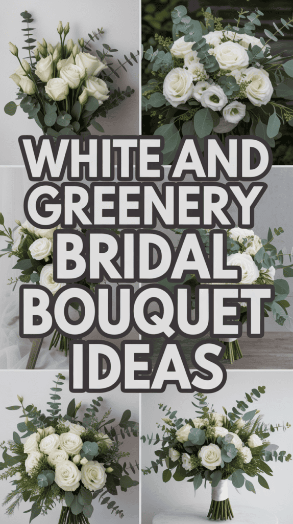 Collage of white and greenery bridal bouquets with roses and eucalyptus, featuring text: "White and Greenery Bridal Bouquet Ideas."