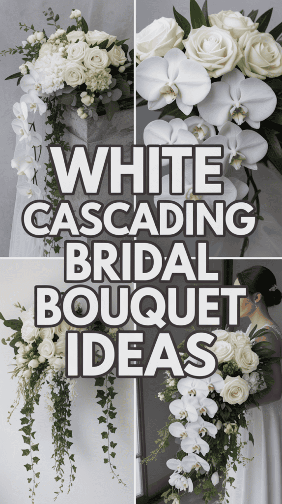 Collage of white bridal bouquets with roses and cascading orchids, featuring bold text about bouquet ideas.