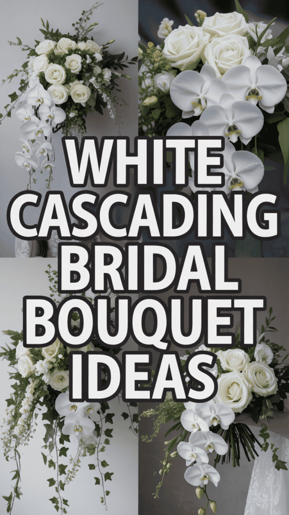 Four white bridal bouquet designs featuring roses, orchids, and greenery with bold text overlay: "White Cascading Bridal Bouquet Ideas."