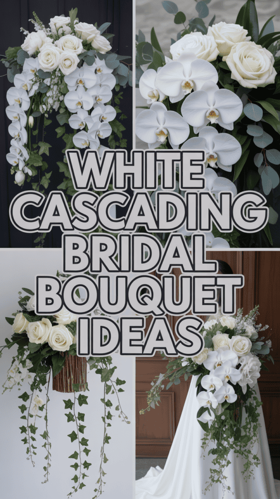 Collage of white cascading bridal bouquets featuring roses, orchids, and greenery.